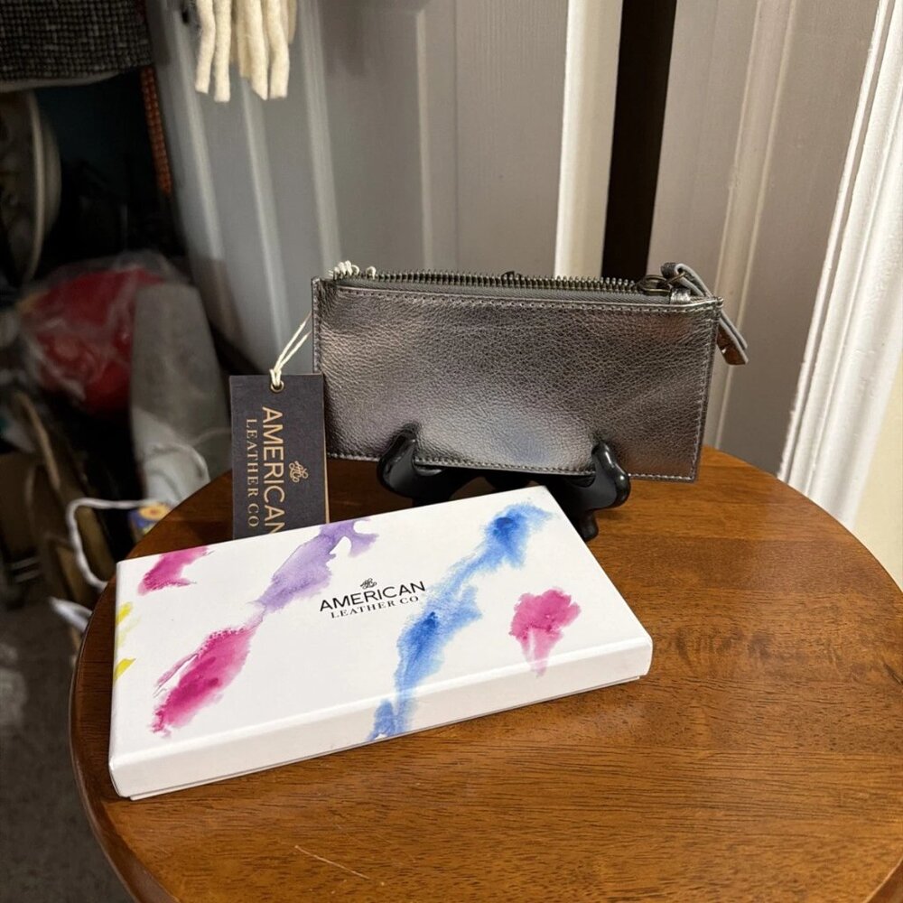 American Leather Co. Derby Boxed Credit Card Zipper Wallet - Pewter - NIB